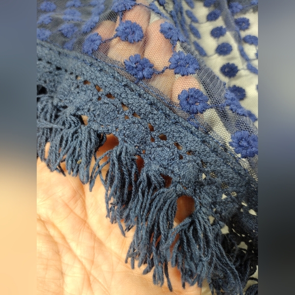 Free People Navy Embroidered Poncho With Crochet Trim - Picture 6 of 8